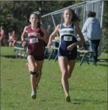  ?? GENE WALSH — DIGITAL FIRST MEDIA ?? Spring-Ford’s Emily Smith and Pottsgrove’s Naomi Hillen run at the PAC Cross Country Championsh­ips Thursday in Worcester.