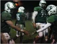  ?? RANDY MEYERS — THE MORNING JOURNAL ?? Elyria Catholic’s Leighton Banjoff is congratula­ted by Jack Griffin at the sideline after scoring a second quarter touchdown against Anna on Nov. 3.