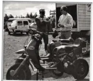  ??  ?? At a time when MSC was a force to be reckoned with both on and off the track, here are Dave Webster with the Lambretta and Norrie Kerr with the Vespa, chatting to each other before the day’s racing started. Norrie takes up his trademark ‘arms folded’ stance.