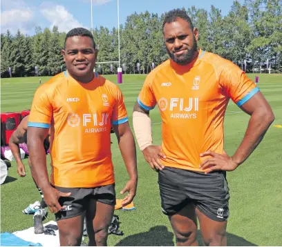  ?? Photo: FRU Media ?? Fiji Airways Flying Fijians reps Filipo Nakosi (left) and Semi Kunatani during training at the team base in Abashiri, Japan on September 14,2019.