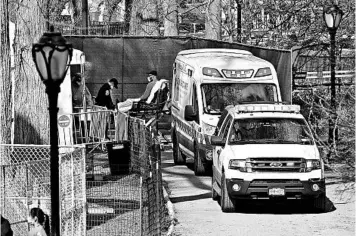  ?? ANGELA WEISS/GETTY-AFP ?? Medical workers bring a patient Wednesday to a Central Park field hospital in New York City, the nation’s top hot spot.