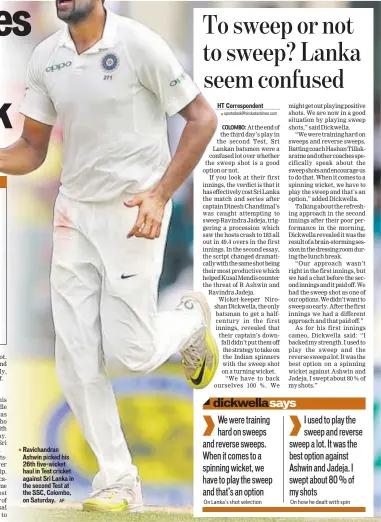  ??  ?? Ravichandr­an Ashwin picked his 26th fivewicket haul in Test cricket against Sri Lanka in the second Test at the SSC, Colombo, on Saturday.