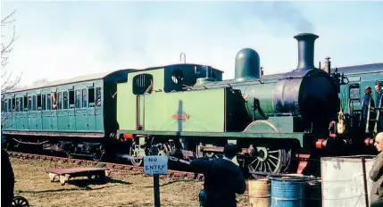  ?? IOWSR ?? LSWR O2 0-4-4T No. W24 Calbourne at Havenstree­t with the first Isle of Wight Steam Railway public train on April 12, 1971. The locomotive and the same three coaches are scheduled to recreate that train 50 years to the day.