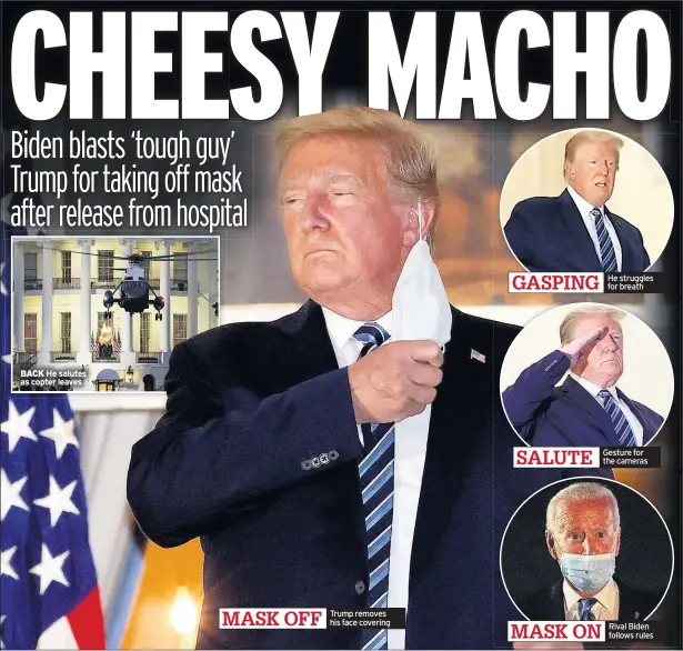  ??  ?? BACK He salutes as copter leaves
MASK OFF
Trump removes his face covering
GASPING
SALUTE
He struggles for breath
Gesture for the cameras
MASK ON Rival Biden follows rules