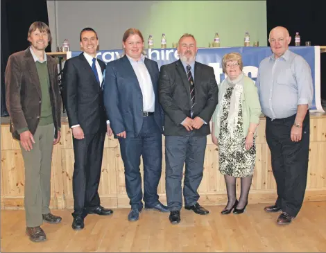  ?? 06_a17husting­starb03 ?? The candidates at a hustings in Tarbert on Monday evening are from left: Ed Tyler, Alastair Redman, Michael Kelly, John McAlpine, Anne Horn and Robin Currie.