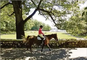  ?? Christian Abraham / Hearst Connecticu­t Media ?? Jennifer Carrs, a trainer at Serenity Show Stable, takes Yo Yo back to his paddock on Great Island in Darien, on Thursday. Jennifer Leahy, a real estate agent who sold the property to the town, gave a tour of the land.