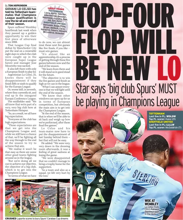  ??  ?? CRUSHED Laporte scores to bury Spurs’ Carabao Cup dreams
WOE AT WEMBLEY Lo Celso finds City’s Raheem Sterling a pain in the neck