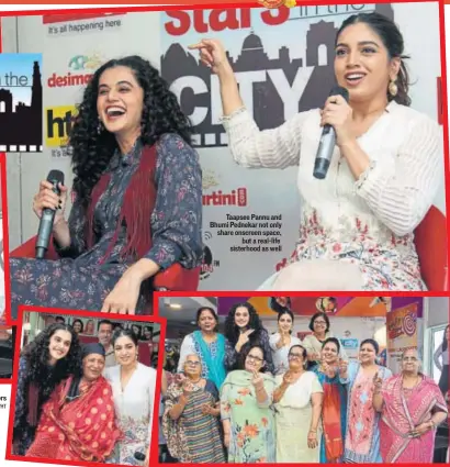  ??  ?? Taapsee Pannu and Bhumi Pednekar not only share onscreen space, but a real-life sisterhood as well
Taapsee Pannu and Bhumi Pednekar with dadis and nanis and (left) with Pratima Devi, who is a doting grandparen­t to over 350 strays