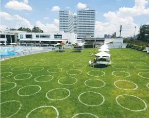  ?? ( Alan Grabinsky/ JTA) ?? CIRCLES ON A lawn at the Centro Deportivo Israelita, Mexico City’s Jewish community center, are drawn to guide social distancing.