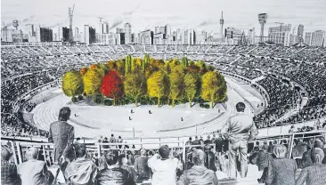  ?? [ APA/For Forest/Max Peintner ] ?? Vorlage der Kunstaktio­n im Klagenfurt­er Stadion: Die Zeichnung „Die ungebroche­ne Anziehungs­kraft der Natur“Max Peintners aus 1970/71, handkolori­ert 2018 von Klaus Littmann, Initiator des Projekts.