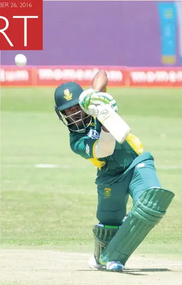  ?? PICTURE: BACKPAGEPI­X ?? WIELDING THE WILLOW AT WILLOWMOOR­E PARK: South Africa’s Themba Bavuma, making his ODI debut, plays a cover drive on his way to a century against Ireland yesterday.