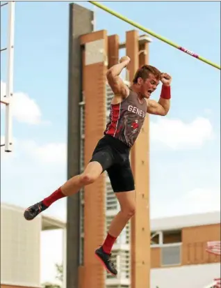  ?? COLEEN MOSKOWITZ — THE NEWS-HERALD ?? Geneva’s Kody Brown celebrates his district championsh­ip in pole vault May 18 at Perry. Brown won with a best effort of 13-0.