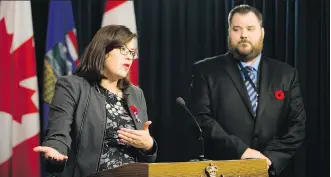  ?? GREG SOUTHAM ?? Justice Minister Kathleen Ganley provides details about the proposed changes to the Alberta Human Rights Amendment Act, 2017, with Hugh Willis, spokesman for the Canadian Condominiu­m Institute in northern Alberta, on Wednesday in Edmonton.