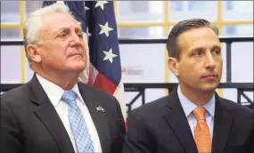  ?? Ned Gerard / Hearst Connecticu­t Media file photo ?? Norwalk Mayor Harry Rilling, left, and state Sen. Bob Duff attend a news conference at the South Norwalk train station in January.