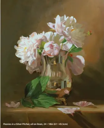  ??  ?? Peonies in a Silver Pitcher, oil on linen, 24318in (61345.5cm)