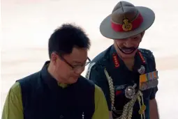  ?? — SONDEEP SHANKAR ?? Minister of state for home Kiren Rijiju with Army Chief General Dalbir Singh in New Delhi on Wednesday.