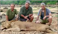  ??  ?? Dans le lit du Faro, Frank Vannier (à g.) et François Marchetti (à d.) en compagnie d’un chasseur anglais après le pistage réussi d’un lion.