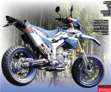  ?? ?? Warna biru bodinya dipadu dengan decal yang sporty
Ban belakang Pirelli MT60RS 160/60-17 bisa buat aspal dan gravel
Knalpot risetan langsung CCB dengan Pro Speed khusus untuk WR 250R