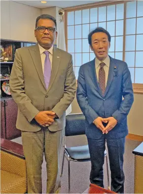  ?? Photo: Ministry of Foreign Affairs ?? Permanent Secretary of the Office of the Prime Minister and Acting Permanent Secretary for Foreign Affairs Yogesh Karan with Norihiro Nakayama, the Parliament­ary Vice-Minister for Foreign Affairs, during a meeting held last week in Japan at the margins of Senior Officials’ Meeting for the 9th Pacific Islands Leaders Meeting (SOM9).