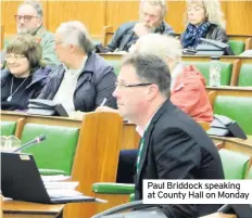  ??  ?? Paul Briddock speaking at County Hall on Monday