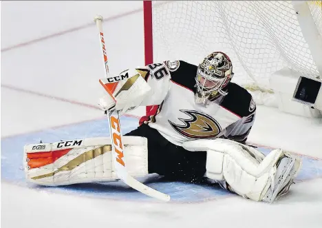 ?? FREDERICK BREEDON/GETTY IMAGES ?? Anaheim Ducks goaltender John Gibson, seen during Game 4 of the Western Conference final against the Predators on Thursday night in Nashville, Tenn., “doesn’t get fazed by the moment or the situation,” teammate Cam Fowler says.