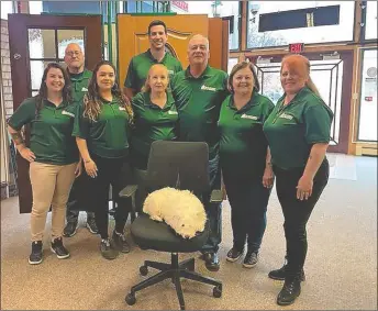  ?? ?? The team at Evergreen Door & Window include (from left to right, front row) Lauren Anaya, Jenica Villafan, Betty Carter, Bob Grilec, Sue Bennett, Mary Joyce; (back row) Kevin Sullivan, Doug Sexauer; and Lucy (on the chair).