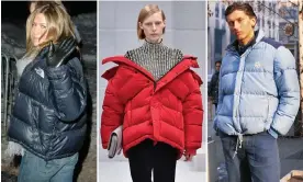  ?? Gamma/Marco Piraccini/Mondadori/Getty ?? Jennifer Aniston wearing a North Face puffer jacket, a model on the Balenciaga runway in 2016, a paninaro in Moncler in 1987. Composite: George Pimentel/WireImage/Victor Virgile/