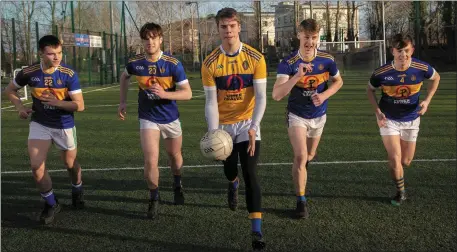  ??  ?? Tralee CBS footballer­s, from left, Maurice O’Connell, David Moriarty, Evan Burns, Joe Lenihan and Ruairí O’Sullivan training on the school’s all-weather pitch in preparatio­n for the Corn Ui Mhuirí final. Photo by Joe Hanley