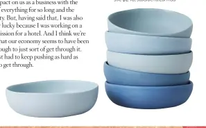  ?? ?? STUDIO ENTI Naomi Taplin’s subtle-toned ceramics are handmade in Sydney.
‘Medium blue bowls’, set of six, $240; studioenti.com.au