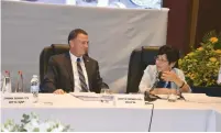  ?? (Yonah Jeremy Bob) ?? FORMER CHIEF justice Miriam Naor speaks to Knesset Speaker Yuli Edelstein at the Israel Bar Associatio­n conference in Eilat yesterday.