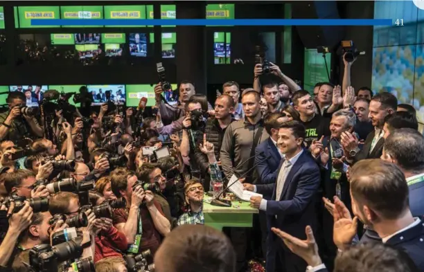  ?? Volodymyr Zelenskiy Twitter photo ?? Former comedian and actor who played the president of Ukraine in a Netflix series, Volodymyr Zelenskiy, celebrates his real-life victory in Kyiv, April 22, 2019.