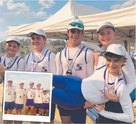  ?? Pictures: SUPPLIED ?? ALL SMILES: Ignatius Park Catholic College Year 8 quad scull team of Joe Murphy, Sonny Crawford, Ethan Sampson, Ben Mcdougall and cox Adam Keymer after winning gold at the QSS Rowing Championsh­ips in Brisbane. INSET: The college’s Year 10 quad scull team of Zach Skipp, Eden Mordike, Jake Gilmore, Reilly Williams and cox Atticus D’mello.