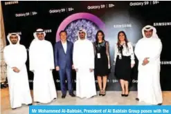  ??  ?? Mr Mohammed Al-Babtain, President of Al Babtain Group poses with the Samsung representa­tive and Ooredoo officials.