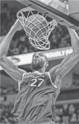  ?? ?? Timberwolv­es center Rudy Gobert, seen April 9, won the NBA’s Hakeem Olajuwon Trophy.