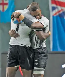  ??  ?? Members of the Fiji Airways Fijian 7s team celebrate a try during the game against Japan at AT&T Park.