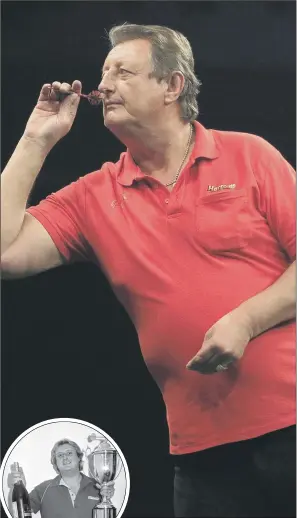  ??  ?? STAR: Eric Bristow in action in Liverpool in 2015 and, inset, after winning the World Championsh­ip in 1984. He dominated the sport in the 1980s and remained a big personalit­y in the world of darts.
