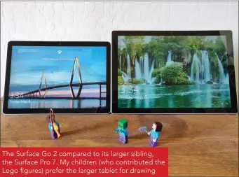  ??  ?? The Surface Go 2 compared to its larger sibling, the Surface Pro 7. My children (who contribute­d the Lego figures) prefer the larger tablet for drawing