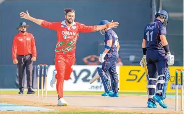  ?? ?? Oman's Bilal Khan celebrates a wicket against Namibia in this file photo