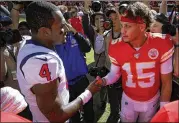  ?? COLIN E. BRALEY / AP ?? The Texans’ win in October was sweet for Deshaun Watson (left), who has a bit of a chip on his shoulder about the Chiefs drafting Patrick Mahomes over him.