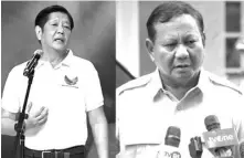  ?? Bay Ismoyo (Prabowo’s photo) and Jam Sta. Rosa (Marcos’ photo) / AFP ?? This composite photo shows Philippine President Marcos Jr. (left) and Indonesian presidenti­al candidate Prabowo Subianto (right).