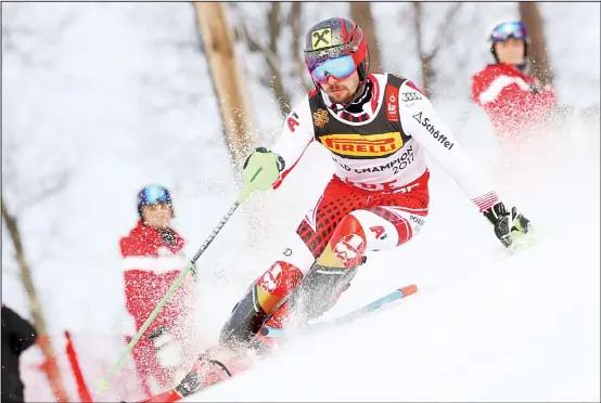  ??  ?? Austria’s Marcel Hirscher competes during the men’s slalom, at the alpine ski World Championsh­ips in Are, Sweden on Feb 17. (AP)