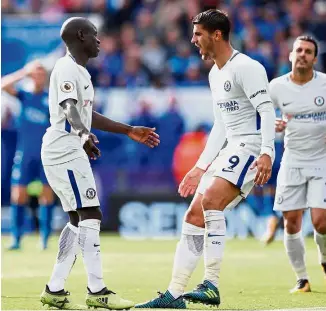  ?? — Reuters ?? A rare strike: N’Golo Kante (left) celebratin­g his goal with Alvaro Morata during the English Premier League clash against Leicester on Saturday.