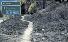  ?? JEFF McINTOSH/THE CANADIAN PRESS ?? A hiking trail leads through scorched earth in Waterton Lakes, Alta. Expert say the Waterton forest will renew after wildfire, but it will take decades.