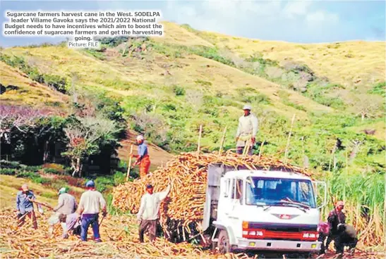  ?? Picture: FILE ?? Sugarcane farmers harvest cane in the West. SODELPA leader Viliame Gavoka says the 2021/2022 National Budget needs to have incentives which aim to boost the confidence of sugarcane farmers and get the harvesting going.