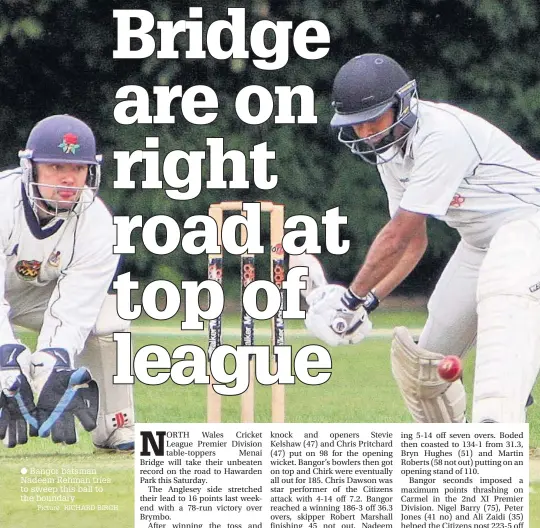  ?? Picture: RICHARD BIRCH ?? Bangor batsman Nadeem Rehman tries to sweep this ball to the boundary