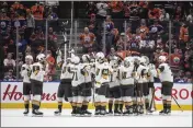  ?? JASON FRANSON — THE CANADIAN PRESS VIA AP ?? Vegas Golden Knights celebrate their win over the Edmonton Oilers in Game 6 of an NHL Stanley Cup secondroun­d playoff hockey series in Edmonton, Alberta, May 14.