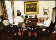  ?? Aude Guerrucci / Pool / Getty Images / Tribune News Service ?? President Barack Obama and Vice President Joe Biden meet for lunch in the Private Dining Room of the White House on Jan. 8, 2014, in Washington, D.C.