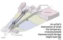  ??  ?? An artist’s impression of what the temporary crossing beside Hammersmit­h Bridge might look like