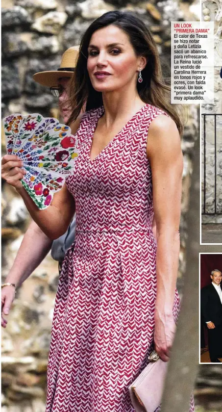  ??  ?? UN LOOK “PRIMERA DAMA” El calor de Texas se hizo notar y doña Letizia sacó un abanico para refrescars­e. La Reina lució un vestido de Carolina Herrera en tonos rojos y ocres, con falda evasé. Un look “primera dama” muy aplaudido.