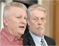  ?? CATHIE COWARD THE HAMILTON SPECTATOR ?? Hamilton associate medical officer of health Bart Harvey, left, with Hamilton Mayor Fred Eisenberge­r, speaks to the media at Hamilton City Hall on Thursday.